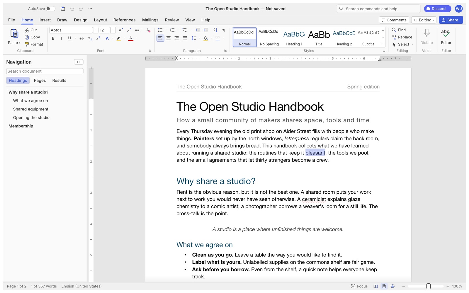 Wordcraft, the Rust word processor, showing its built-in sample document