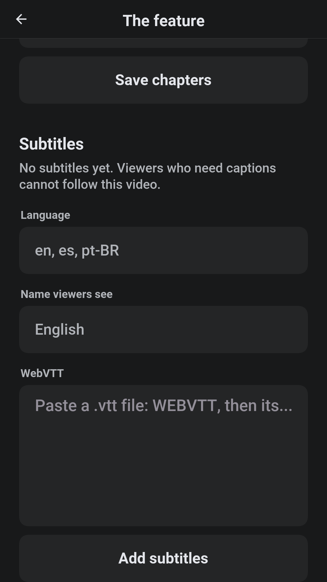 The studio’s page for a video, with its subtitle tracks and the fields to add one: the language, the name viewers see and the WebVTT text