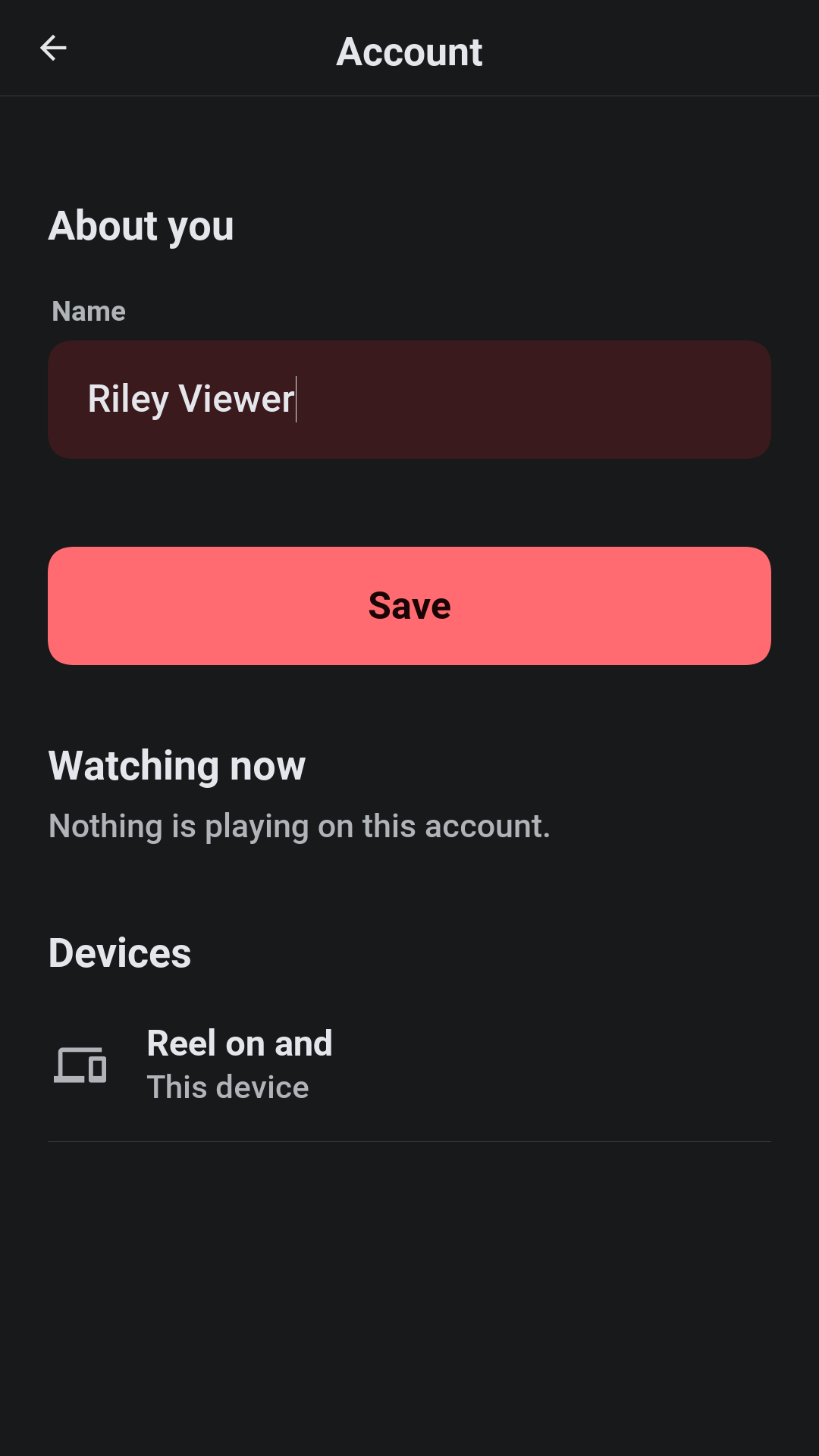 The account screen with the name, the streams playing now and the devices signed in, each with a button to sign it out