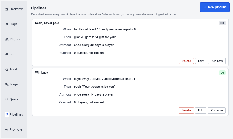 Engagement pipelines in the Skirmish admin console